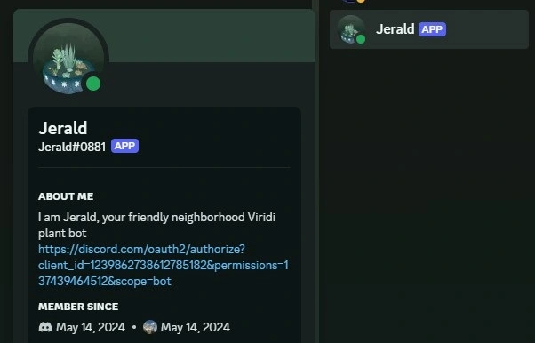 A profile view of the Jerald Bot in Discord.