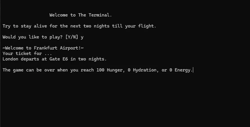 The starting screen to the terminal game